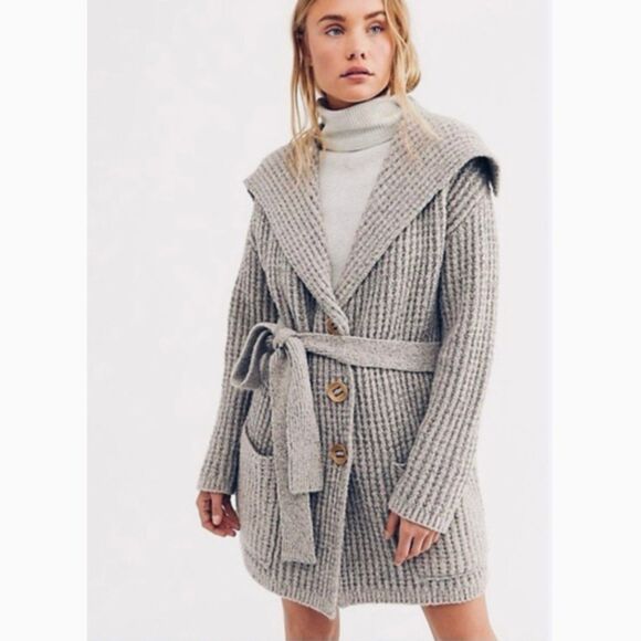 Free People Sweaters - Free People Taffy Long Cardigan in Gray, Sz Medium, Wool Blend Waffle Knit